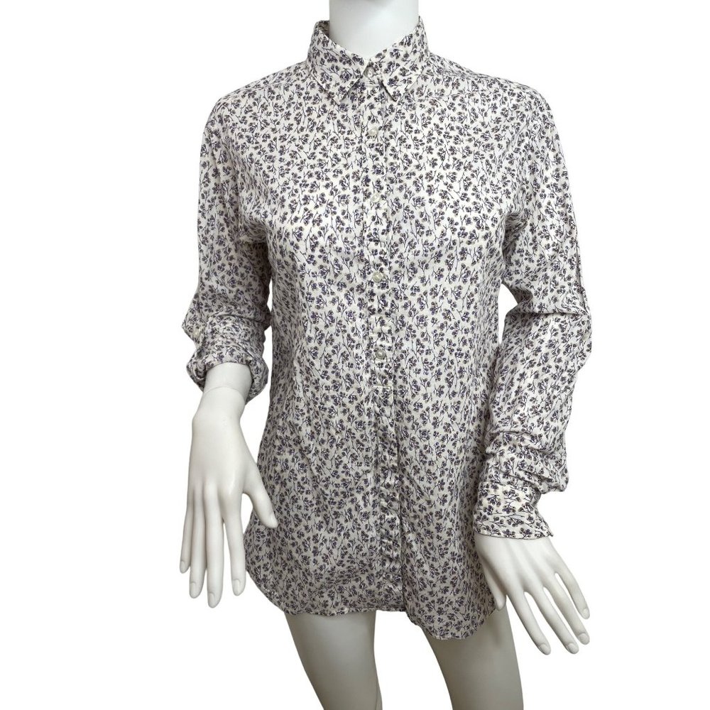 Uniqlo Women’s Top Button Down S Long Sleeves White Lavender Taupe Roll Tab